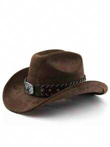1pc Unisex New Faux Leather Cowboy Hat With Star Beaded Decor, High-Quality Suede Material Wide Brim Hat, Fashion Minimalist European & American Style Western Cowboy Hat, Suitable For Daily Wear, Western Themed Events, Birthday Parties, Music Festivals, Horseback Riding And More Occasions