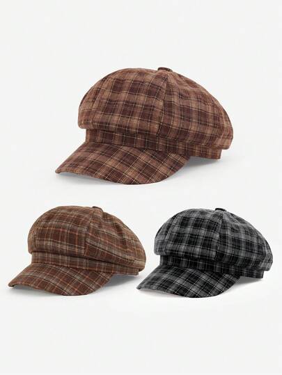 1pc Unisex Retro Plaid Beret Hat, Fashionable And Versatile, Suitable For Men And Women, Autumn/Winter Outdoor Street Style, Great As A Gift