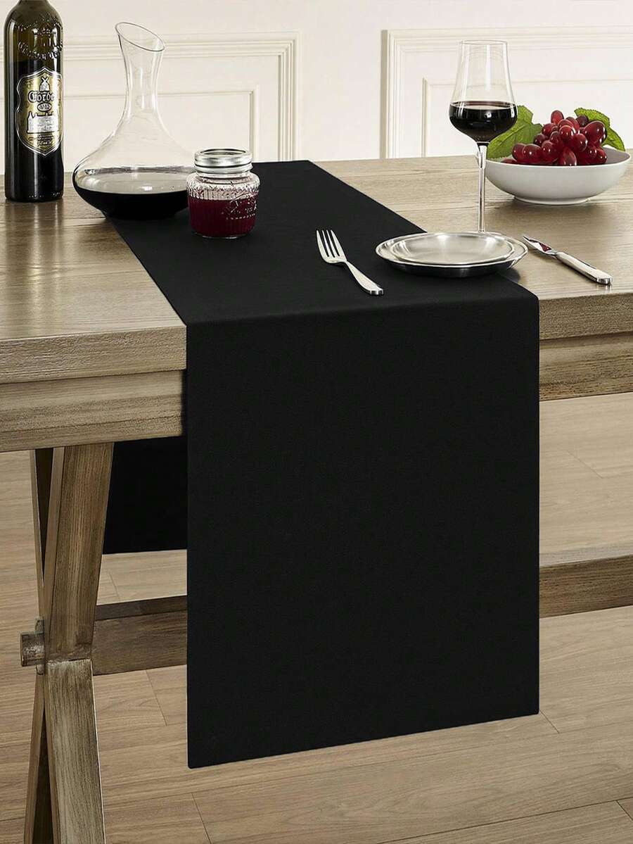 1pc Splash-Proof Thick Faux Linen Style Table Runner, Coarse Linen Fabric Farmhouse Bohemian Style Tear-Resistant Durable Table Runner, Suitable For Restaurant Decor, Kitchen Decor, Party And Patio Setting - Black - View 1