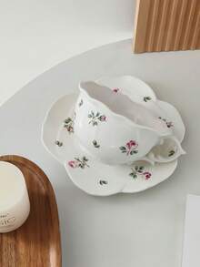 1 Set European Style Rose Ceramic Coffee Cup & Saucer, Asymmetrical Embossed Tea Cup Set, Petal Coffee Cup, Cup And Saucer, Home Breakfast Coffee Cup, Milk Cup, Juice Cup, Suitable For Afternoon Tea, Home, Elegant Latte Cup And Dessert Plate - Multicolor - View 5