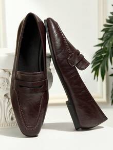 秋冬新款复古法式简约休闲一脚蹬乐福鞋，百搭纯色拼接休闲户外女鞋，适合所有季节 - 咖啡棕 - 查看 3