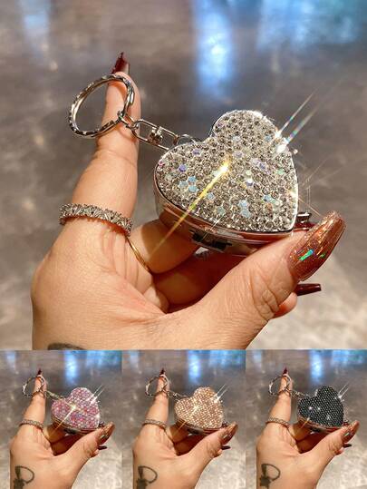 1pc Elegant Sparkling Rhinestone Heart-Shaped Pill Box, Diamond Decorated Art Piece, Metal Portable Pill Case Storage Box, Keychain Travel Pill Box Essential, Home & Travel Use, Handmade Craft
