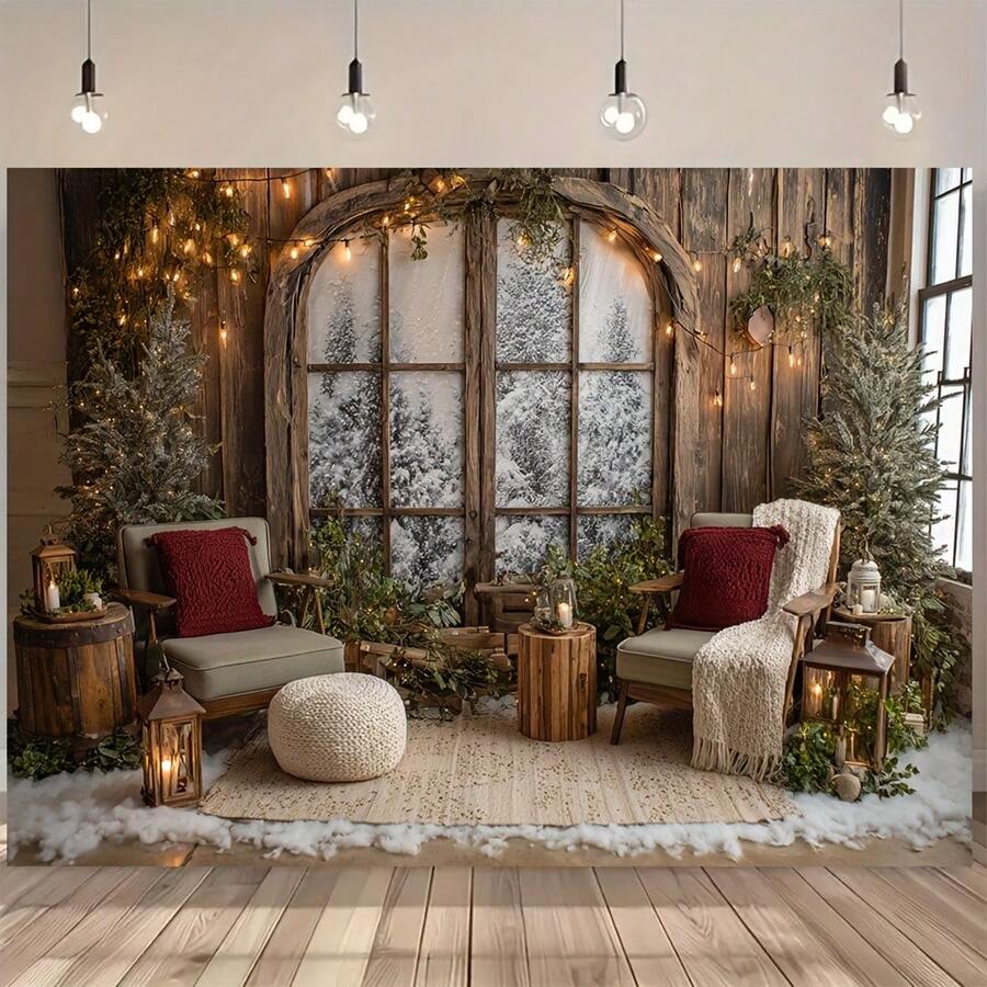 1 片冬季仙境摄影背景布 - 雪景圣诞场景配乡村木拱门、农舍灯饰 - 室内派对和节日装饰摄影背景、生日庆祝活动、活动 - 温馨小屋氛围装饰、迷人的节日设计、温暖亲切的感觉 - 多色 - 查看 1