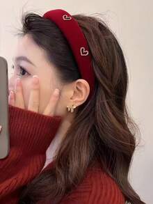 1pc Women's Black Velvet Wide Headband With Heart Rhinestone Decor, Elegant & Sweet Fashion For School, Party, Dance, Daily Wear