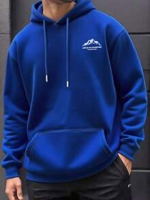 بلوزة هوديي رجالية بسيطة للخريف/الشتاء مع طباعة شعار الجبل وجيب وسحاب