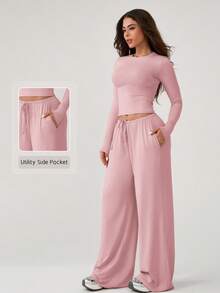 NcmRyu 1 Set Women Comfortable Casual Solid Color Round Neck Wide Leg Straight Loose Fit Long Sleeve Fitness Workout Running Outdoor Sports Suit