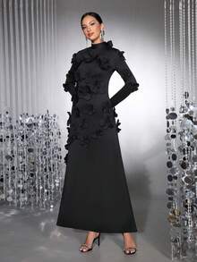 Váy maxi dài tay đính nơ họa tiết hoa 3D thanh lịch dành cho nữ, thích hợp cho ngày lễ tình nhân, phù dâu, dạ hội trang trọng - màu đen - Xem 6