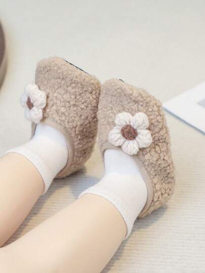 1 Pair Toddler Flower Design Thermal Lined Soft Sole Non-Slip Indoor Slippers, Comfortable, Easy To Wear & Clean, Suitable For Boys & Girls, Warm Holiday Gift For Babies Just Learning To Walk