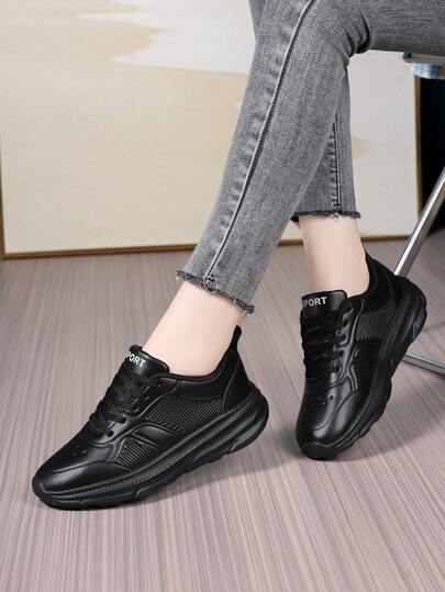 1. Plus Size PU Leather Lightweight Soft Sole Casual Shoes, Women's Running Shoes, Women's Sneakers, Round Toe Lace-Up Casual Women's Flats, All Black Work Shoes, Women's Thick Sole Retro Chunky Sneakers, Women's Black Running Shoes, Men's Sneakers, Men's Jogging Shoes, Couple Travel Shoes Women, New Walking Shoes, Women's Shoes, Black Shoes, Men's Chunky Sneakers, Solid Black Shoes, Women's Road Running Shoes