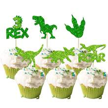 12/24Pcs Dinosaur Cupcake Toppers Green Glitter Roar Dinosaur Cupcake Toppers For Dinosaur Theme BB Shower Birthday Party Cake Decorations Supplies