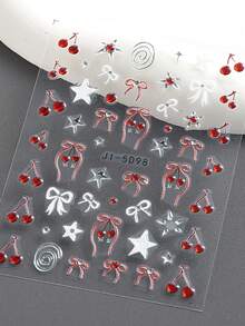 卡通樱桃爱心蝴蝶结浮雕美甲贴纸，水果图案指甲转印贴纸，亮面星星指甲贴花，适合女性沙龙美甲DIY用品 - 彩色 - 查看 5