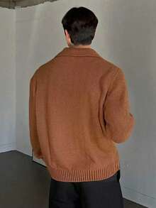 1pc Boy & Boys' Simple Solid Color Comfortable Casual Versatile Personalized Partially Thick Warm Cardigan Sweater, Suitable For Autumn/Winter - Brown - View 4