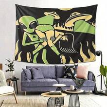 Fun Alien Wall Hanging Tapestry  Vibrant Green & Yellow Alien Art On Black Background Horizontal Indoor Wall Decor For Living Room Bedroom Office For Man Cave  No Power Required MusicThemed Home Decoration For Galaxy Room Decor Quality Fabric Artwork - 彩色 - 查看 2