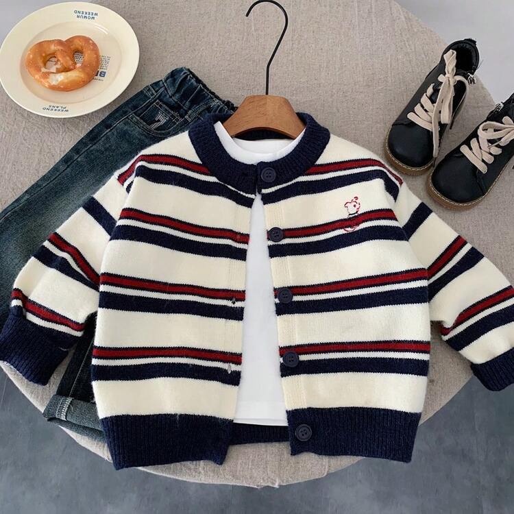 男童条纹开衫毛衣2025秋季新款休闲复古撞色可爱韩版宽松外套 - 藏蓝色 - 查看 2