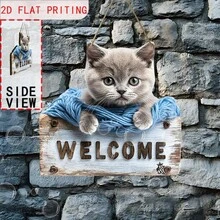 1 Stück britische Bobtail Katze Willkommensschild - Hölzernes Wandhängschild für Eingang, Garten, Flur, Restaurant, Bauernhaus - 2D Flachdruck, ideales Oster-/Geburtstagsgeschenk für Haustier-Liebhaber