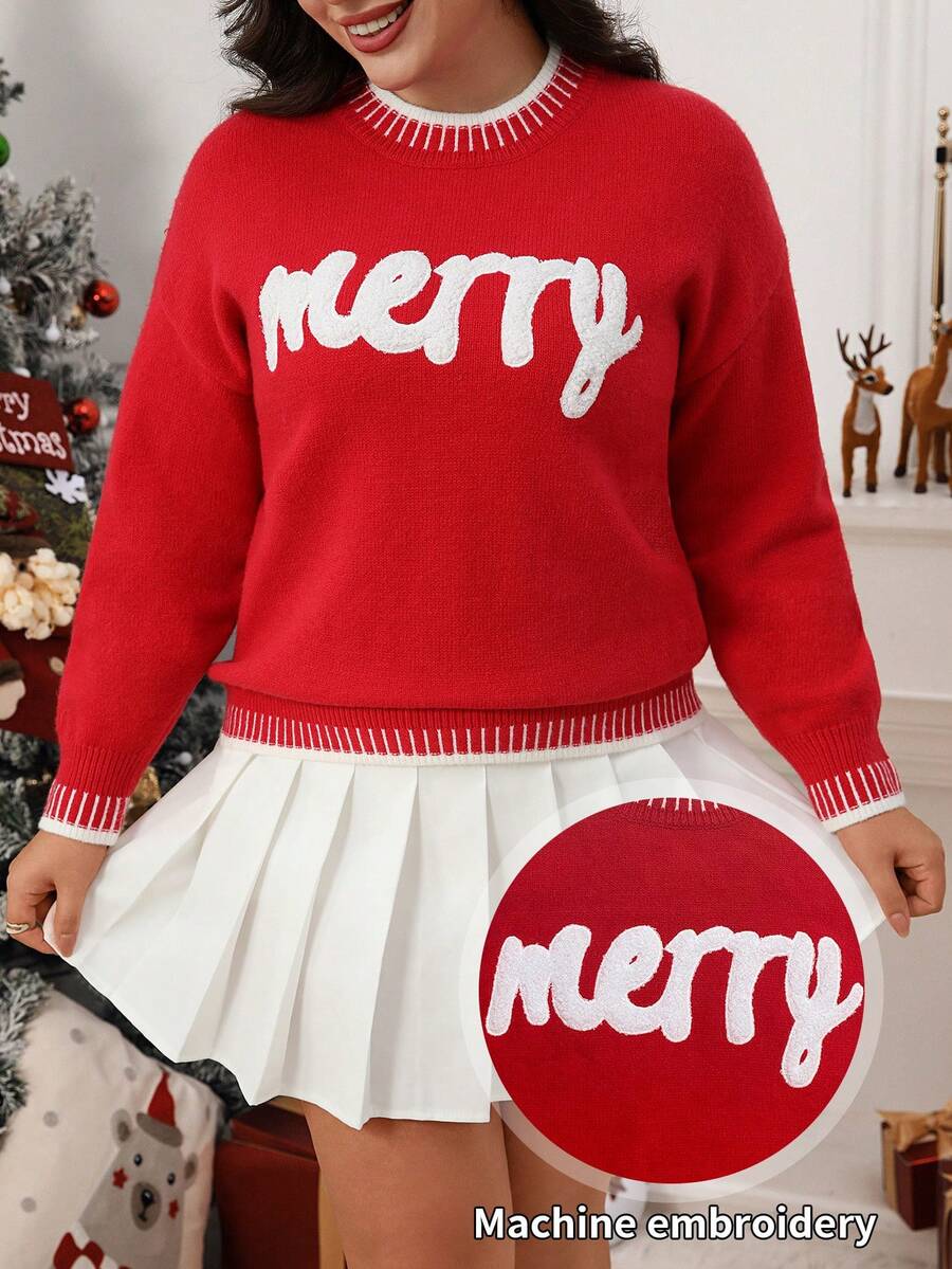 Plus Size Letter Embroidery Contrast Trim Casual Sweater
