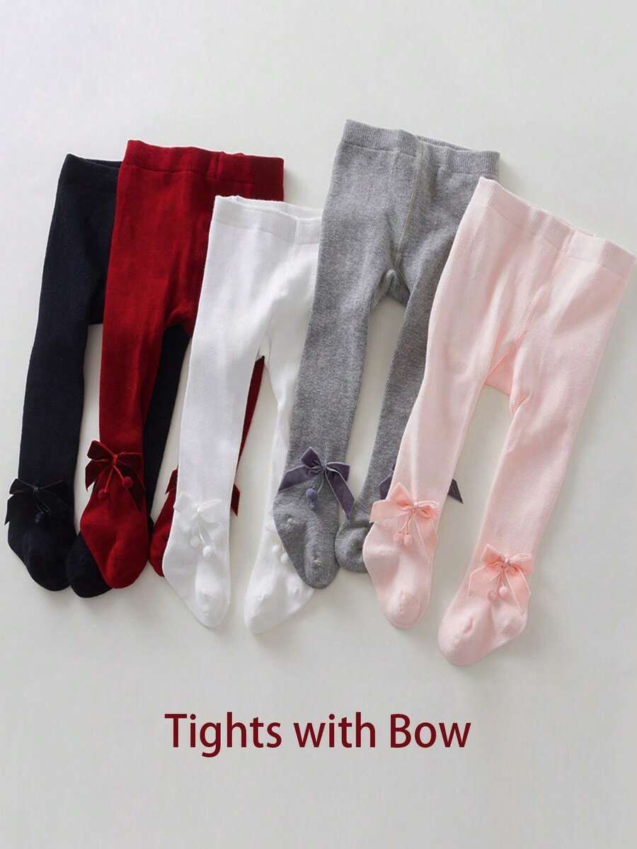 5pcs Girls' Solid Color Leggings Tights, Bow Decor Stirrup Pants Suitable For Everyday Wear, All Seasons