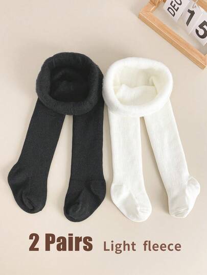2 Pairs Baby Toddler Leggings Girl's Tights Warmth-Boosted Kids' Tights: Fleece-Lined, Solid/Striped, Perfect For Cold Seasons