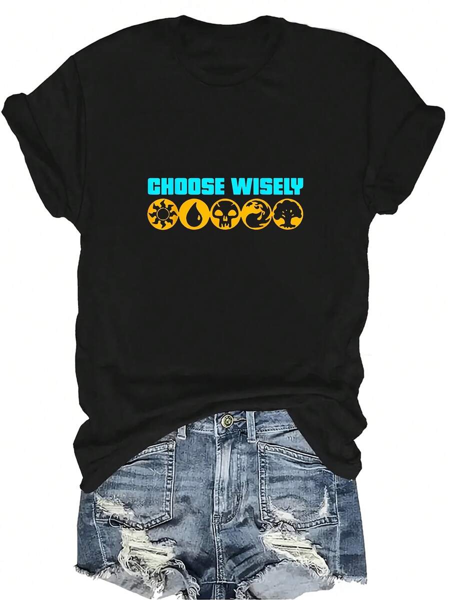Camiseta unisex de manga corta con símbolos de maná de juego "Elige sabiamente", de estilo casual y transpirable, con cuello redondo, adecuada para adolescentes y adultos - Negro - Ver 1