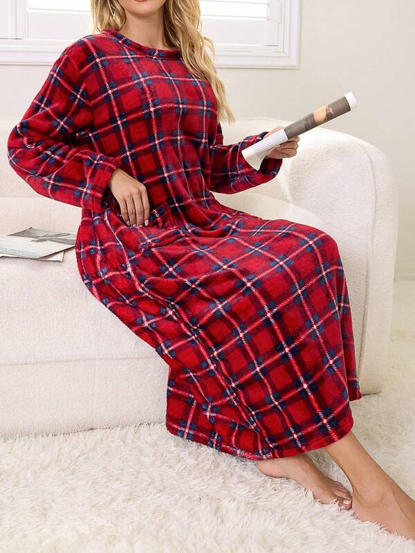 Camisola feminina de flanela, grossa, casual, com estampa xadrez vermelha, gola redonda, bolsos, manga comprida, macia e volumosa, ideal para dormir no outono, inverno e Natal.