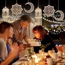 3pcs Holiday Decorative Lanterns, Star & Moon Hanging Ornaments, Wooden Hanging Decor, Beige Fantasy Theme Christmas Hanging Decor, Suitable For Garden And Yard Decoration, Christmas Gift, Christmas Decoration, Festive Outfit, Christmas Present, Happy New Year