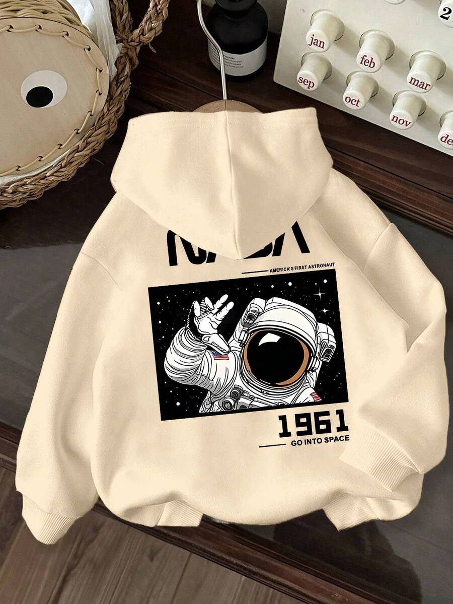 Tween Boy Apricot Sweatshirt, Printed With Astronaut Theme Pattern. Perfect For Casual Travel, Gatherings, Parties And Sports. - Apricot - View 1