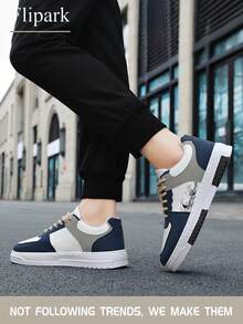 Flipark [Recommend Taking One Size Smaller] Men's Fashion Contrast Color Random Print Lace-Up Casual Flat Sneakers, Personalized Patchwork Outdoor Casual Sports Shoes, Couple Shoes
