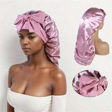 1pc Women's Pink Elastic Drawstring Long Satin Silk Hair Bonnet, Curly Hair Wrap, Suitable For Long Hair, Braids, Messy Buns, Curly Hair, Satin Hair Bonnet, Satin Bow Hair Bonnet - Multicolor - View 21