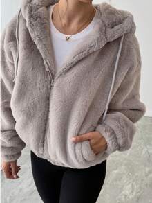 Women's Faux Fur Jacket For Winter, Solid Color With Strong Texture, Hooded With Drawstring, Casual College Style, Soft, Warm, Comfortable And Elegant - Grey - View 8