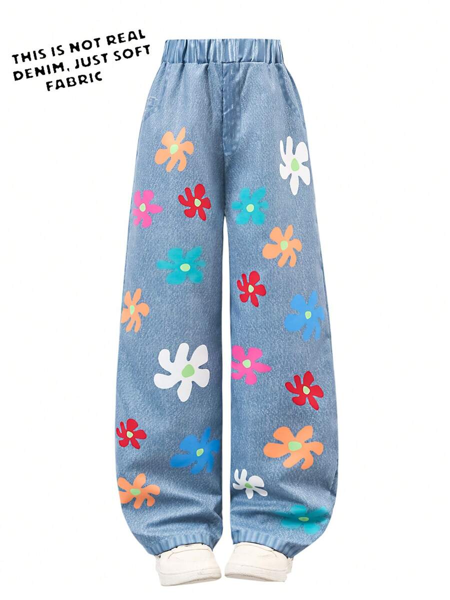 Girls' Comfortable Denim Effect Floral Print Pants, Summer