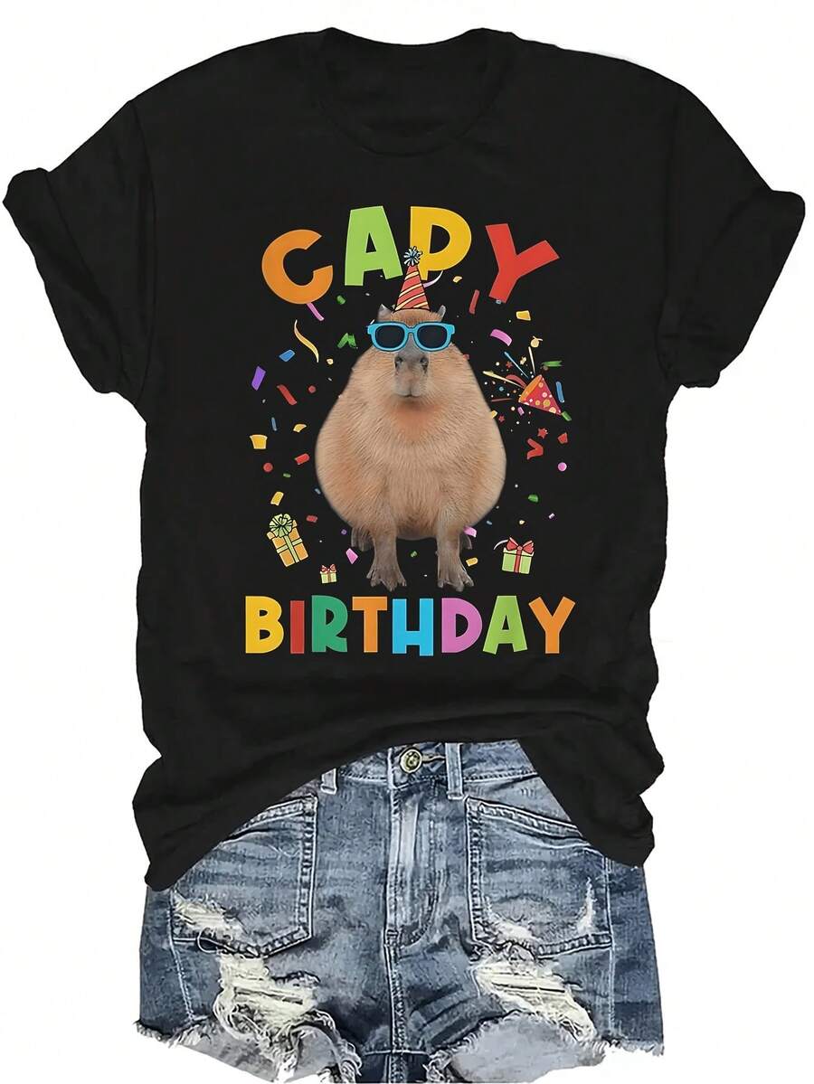 Camiseta de cumpleaños de Capy, unisex, de verano, casual, transpirable, de personalidad, cuello redondo, manga corta, ropa de calle, versátil, adecuada para adolescentes y adultos - Negro - Ver 1