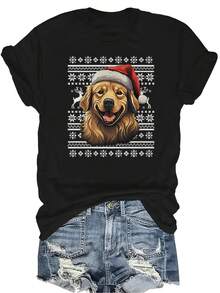 Camiseta de Navidad para perro, unisex, de verano, casual, transpirable, con personalidad, cuello redondo, manga corta, ropa de calle, versátil, adecuada para adolescentes y adultos - Negro - Ver 1