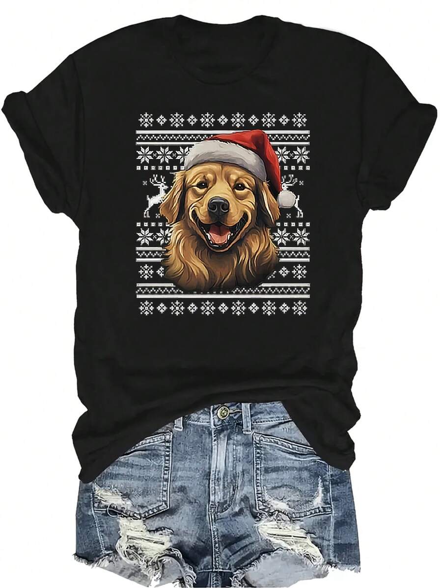 Camiseta de Navidad para perro, unisex, de verano, casual, transpirable, con personalidad, cuello redondo, manga corta, ropa de calle, versátil, adecuada para adolescentes y adultos - Negro - Ver 1