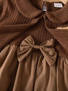 2pcs Baby Girls' Brown Collar Bow Decor Sleeveless Vest & Bubble Skirt Dress Set With Matching Long Sleeve Bear Jacket, Toddler Autumn Outfit - Coffee Brown - View 6