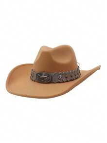 1pc Unisex New Faux Leather Cowboy Hat With Star Beaded Decor, High-Quality Suede Material Wide Brim Hat, Fashion Minimalist European & American Style Western Cowboy Hat, Suitable For Daily Wear, Western Themed Events, Birthday Parties, Music Festivals, Horseback Riding And More Occasions