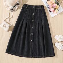 Girl's Casual Minimalist Front Button A-Line Denim Maxi Skirt, Suitable For Outings And Gatherings, All Seasons