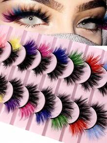 8Pairs Colored False Eyelashes, 3D Mink Faux Lashes With Color Tips, Dramatic Fluffy Volume Strip Lashes For Cat Eye Look, Colorful Lash Extensions For Makeup Artists, Cosplay, Parties Strip Lashes, Lashes, Eyelashes, Fake Lashes