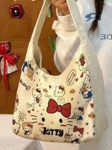 Sanrio Kawaii Hello Kitty Cartoon Canvas Tote Bag - Reusable Shoulder Bag With Kuromi And My Melody Patterns, High-Quality Design, Extra Large Capacity For Textbooks And Laptops - Multicolor - View 2