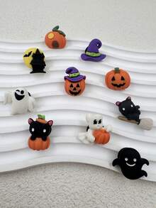 10pcs Halloween Pumpkin & Cat Resin Shoe Charms, Durable & Cute Whimsical Design, Suitable For Wooden Shoes & Sandals, Great For Girls Party Favors, Creative Gifts, DIY Shoe Decorations
