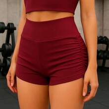 Women's Summer Casual Shorts, High Waist Ruched, Slim Fit, Mini Fitness Beach Casual Shorts - 紅木色 - 查看 3