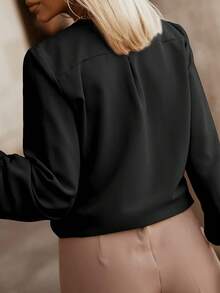 Acelitt 女士纯色褶皱设计休闲长袖衬衫，适合日常通勤，春秋季黑色 - 黑色 - 查看 2