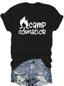 Camiseta de consejero de campamento unisex, casual de verano, transpirable, de personalidad, cuello redondo, manga corta, ropa de calle, versátil, adecuada para adolescentes y adultos - Negro - Ver 1