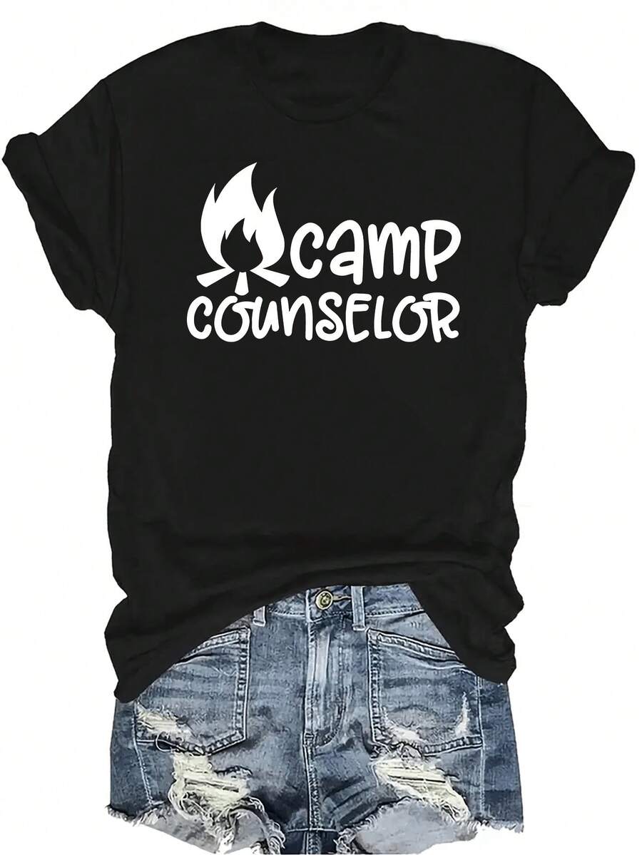 Camiseta de consejero de campamento unisex, casual de verano, transpirable, de personalidad, cuello redondo, manga corta, ropa de calle, versátil, adecuada para adolescentes y adultos - Negro - Ver 1