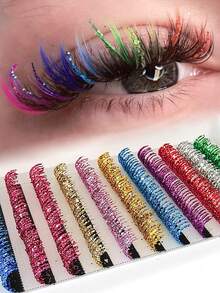 1 Case 12 Rows Glitter Eyelash Summer Colorful Shiny Lashes Wedding Concert Party Eye Lash 10-15mm Silvery Blue Green Purple Pink Yellow Gold Eyelashes - 彩色的 - 查看 2