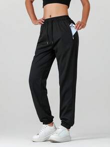 2pcs Women's Autumn/Winter Elastic Drawstring Waist Jogger Pants With Zipper Pockets, Adjustable Waist For Outdoor Sports, Yoga, Washable - Multicolor - View 3