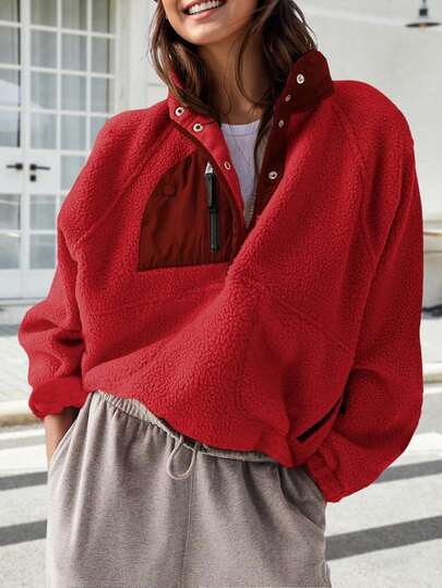 Women's Lightweight Fleece Pullover Jacket Cropped Fall Winter Fuzzy Sherpa Jacket Sweatshirt Coat With Pockets