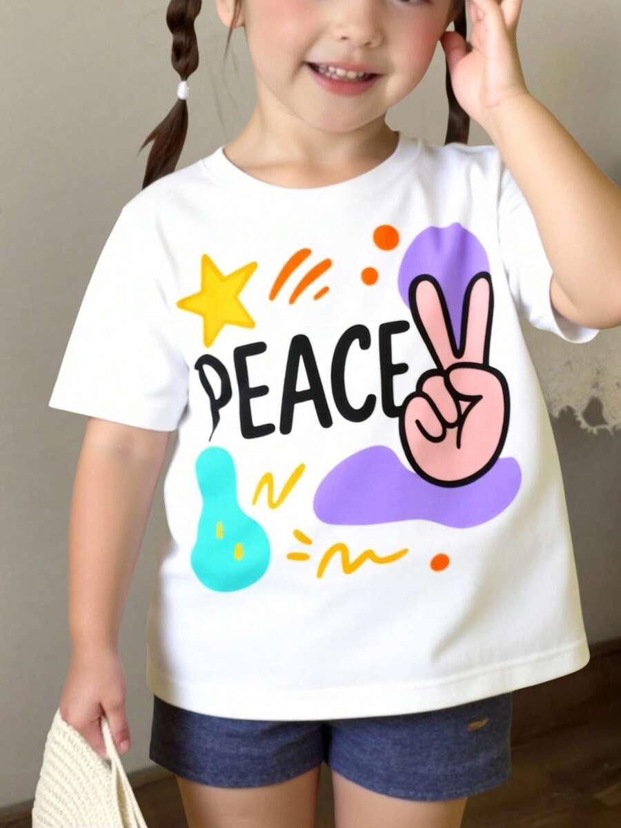 Camiseta de moda para niña. Estampado con letras de PEACE. Suave mezcla con un ajuste cómodo. Top informal. - Blanco - Ver 1