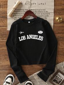 女士休闲宽松卡通字母印花圆领短袖T恤，时尚百搭，春秋季 - 黑色 - 查看 4