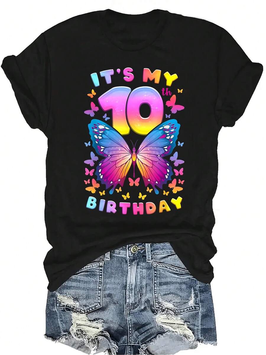 Camiseta de 10 años de cumpleaños de niña con mariposa, unisex, de verano, casual, transpirable, de personalidad, de cuello redondo, de manga corta, ropa de calle, versátil, adecuada para adolescentes y adultos - Negro - Ver 1