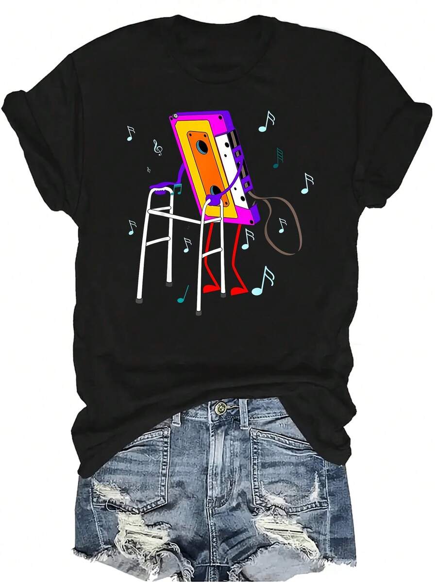 Camiseta de música retro vintage de los años 70, 80 y 90 con diseño de cinta de casete, unisex, de verano, casual, transpirable, de cuello redondo, de manga corta, ropa de calle, versátil, adecuada para adolescentes y adultos - Negro - Ver 1